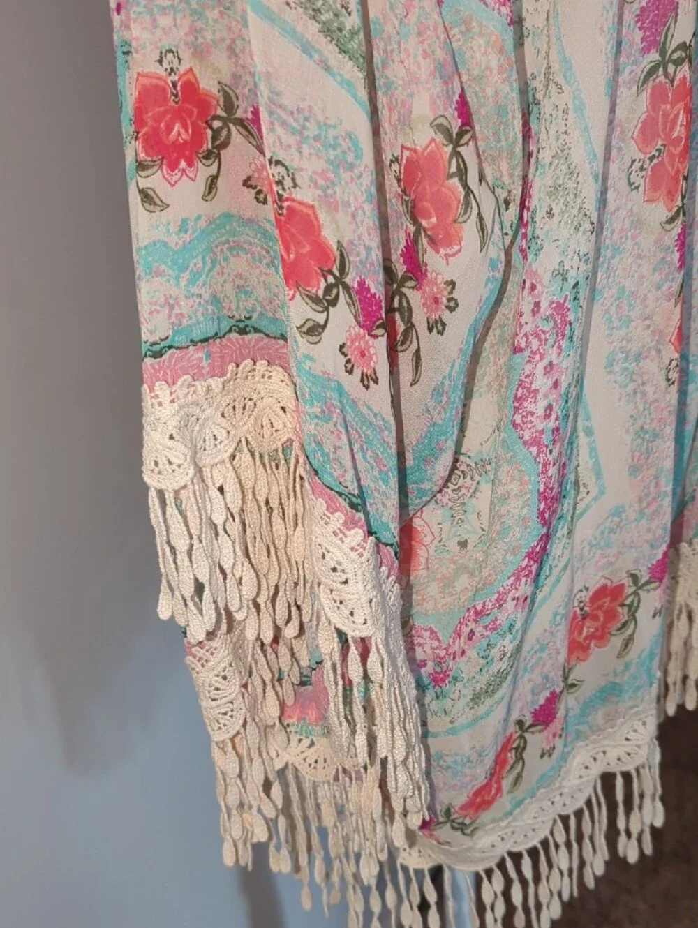 ENTRO Cream Floral Fringe Kimono with Pink & Teal Accents